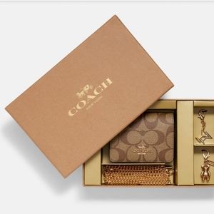 Coach Khaki Signature Mini Chain Wallet Teddy Bear Champagne Charms Set